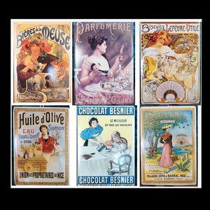 Set of SIX Oversized Retro Vintage Metal French Postcards